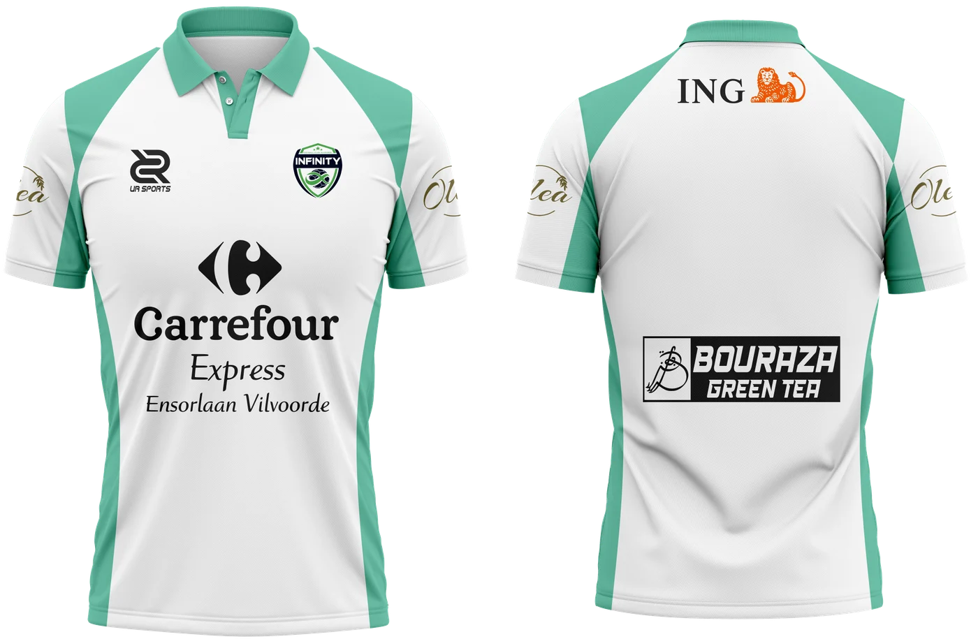 Het nieuwe IFCV-shirt, voor- en achterkant, in wit en mintgroen